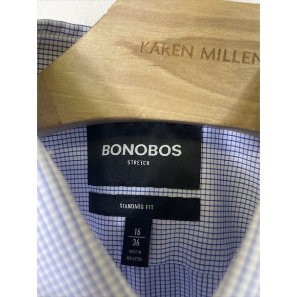 Bonobos Standard Fit Shirt Mens Size 16 Long Sleeve Micro Blue Check Stretch - Picture 2 of 7
